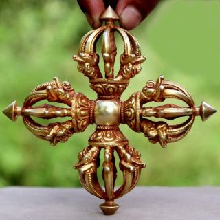 5 " Tibetan Buddhist 24k Gold Plated On Copper Handmade Double Vajra/dorje Amulet