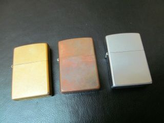 3 Zippo Lighters – Metal – Copper,  Brass,  Steel E D C