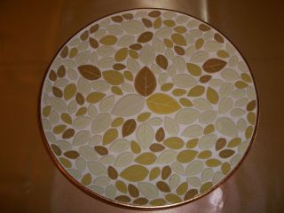 Mid Century Modern Mosaic Leaf Tile Plate On Brass Cream Gold Tan 11.  5 " Wide