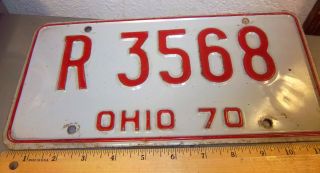 Ohio Metal License Plate,  1970 Red On White,  R 3568,  Heavy Duty Plate