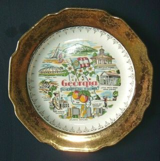 2 Vintage Georgia Sabin 22k Gold Relief Hand Painted Souvenir Plates