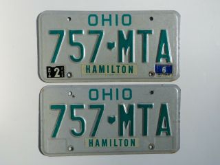 1991 Hamilton County Ohio Car License Plates Pair 757 - Mta Green On White