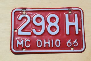 Vintage 1966 Ohio Motorcycle License Plate; 298h; White On Red;