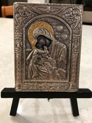 Madonna And Child Icon Sterling Silver & Gold Plated On Wood
