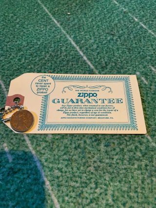 Zippo " The Cent Never Spent " Guarantee On Zippo Products 1968 Penny Great Shape
