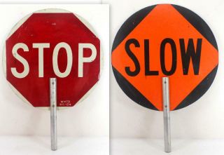 Vintage Hand Held Paddle Stop Slow Crossing Guard Sign
