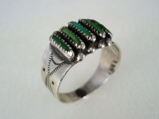 Old Zuni Stamped Sterling Silver & Needlepoint Turquoise Row Ring Sz 7.  5 Signed