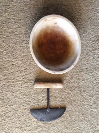 Vintage Wooden Bowl With Antique Wooden Handled Metal Food Chopper.