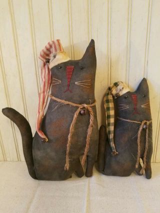 Primitive Grungy Set Of Two Black Kitty Cat Christmas Shelf Sitter Dolls
