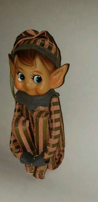 Vtg 14 " Xmas Knee Hugger Pixie Shelf Sitter W/ Rare Pink&gold Stripes & Elf Ears