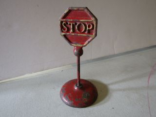 Vintage Antique Arcade Cast Iron Sign - Red Stop W/ Round Base